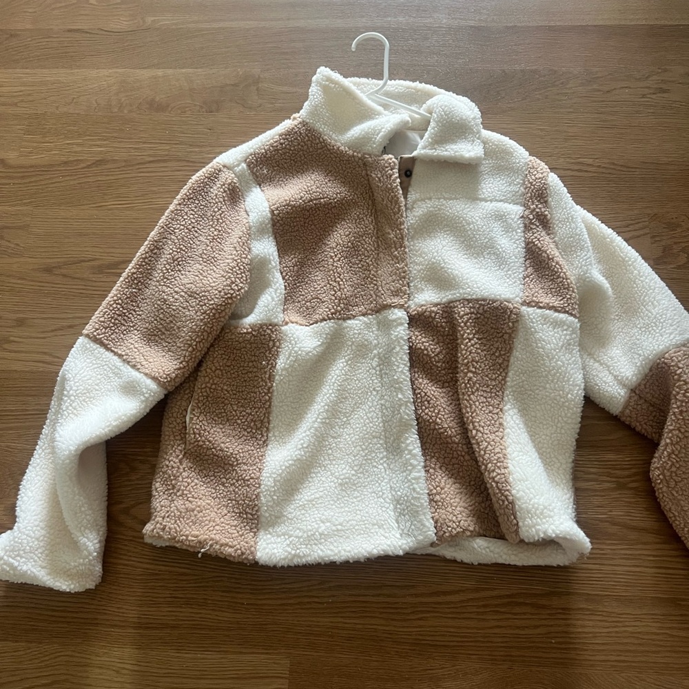 Altar'd State Cream and Tan Puffer Jacket with Asymmetrical Design